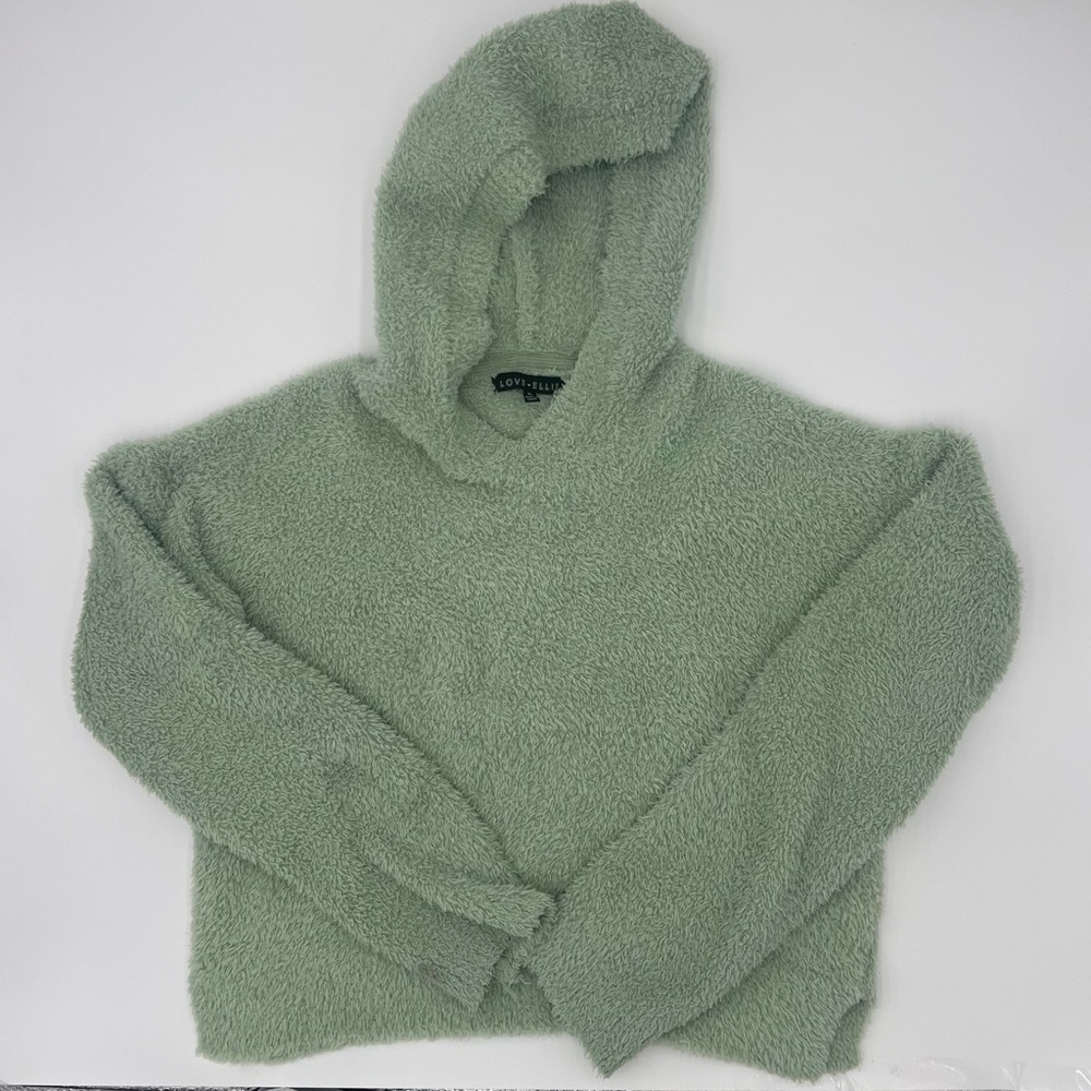 Love Ellie Mint Green Fuzzy slightly Cropped pullover Hoodie Sz XL